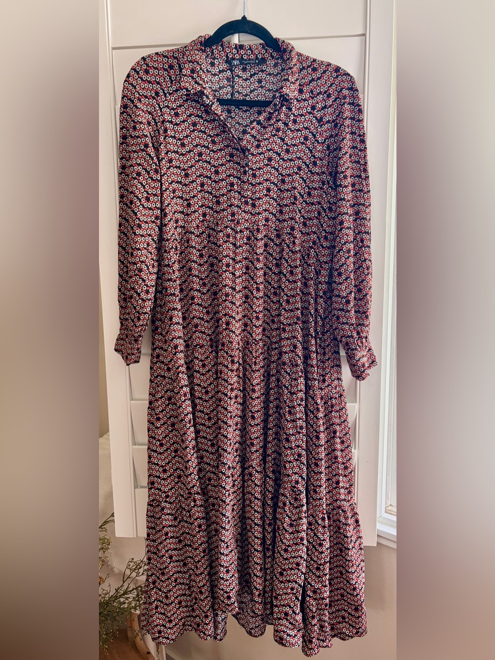 Zara Red Black White Floral Print Long Sleeve Dress